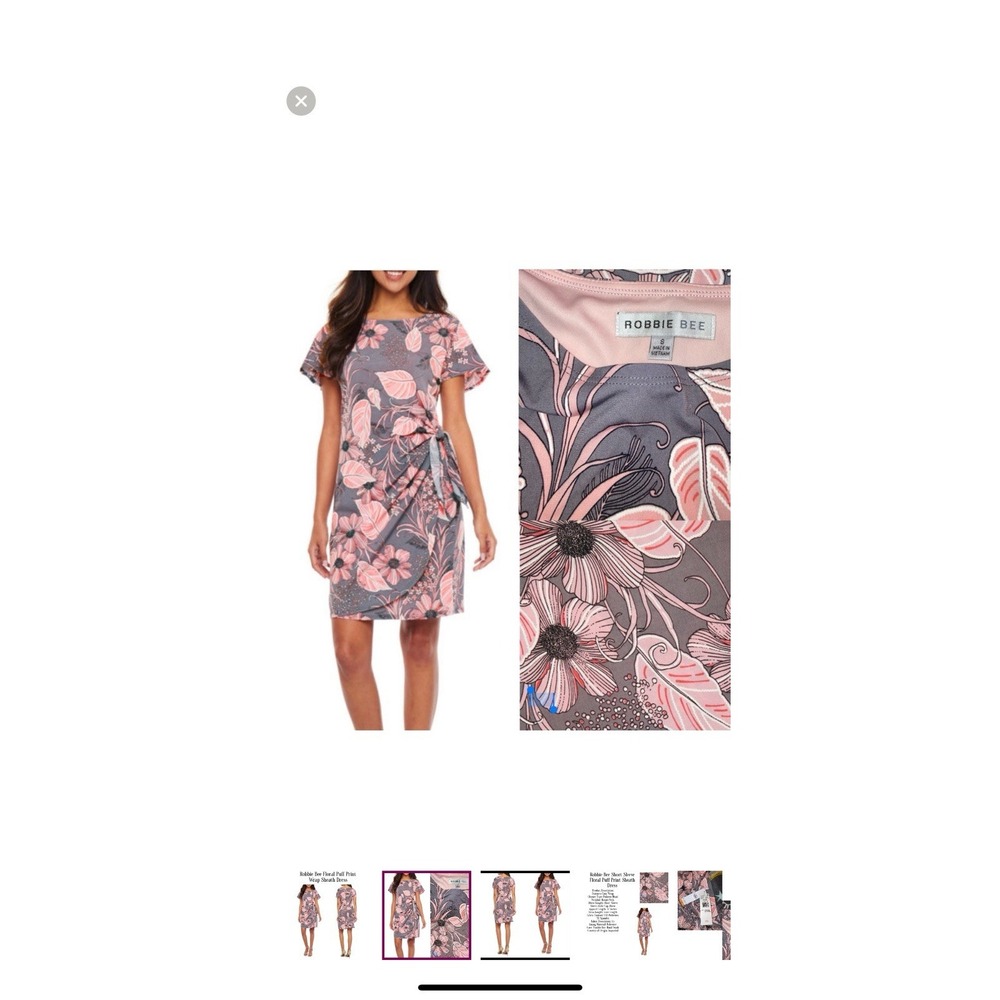 Robbie Bee Size L Large Floral Faux Wrap Sheath Dress Puff Print Grey Pink Short